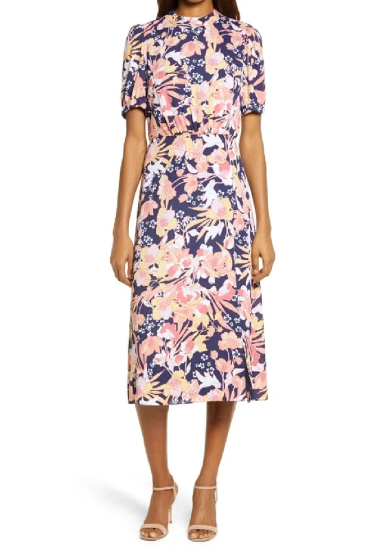 Julia Jordan High Neck Zipper Back Slit Side Floral Print Polyester Midi Dress