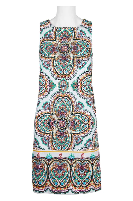 London Times Scoop Neck Sleeveless Zipper Back Multi Print Cotton Dress