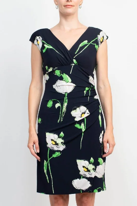 Catherine Malandrino V-Neck Sleeveless Gathered Side Floral Print Jersey Dress