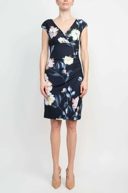 Catherine Malandrino V-Neck Gathered Side Cap Sleeve Floral Print Jersey Dress