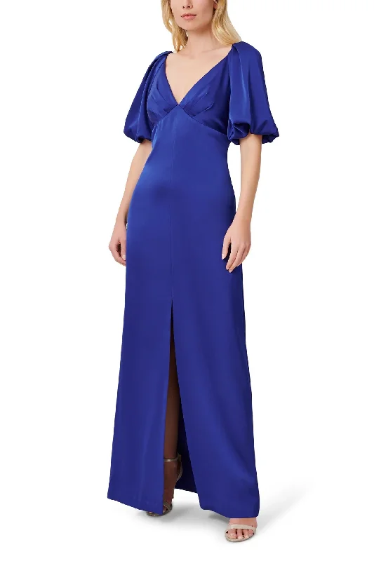 Aidan Mattox V- Neck Back Zipper Pleated Shoulders Short Sleeves Front Slit Opening Long Satin Dress