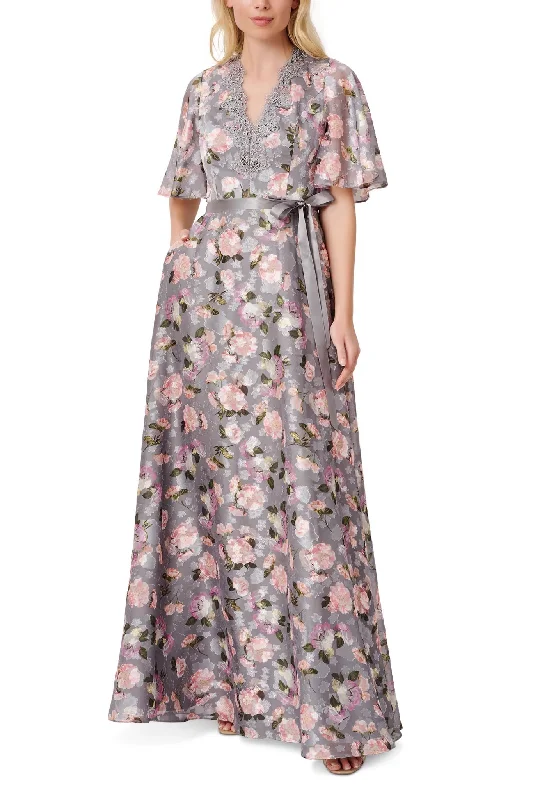 Aidan Mattox V- Neck Flutter Short Sleeves Satin Waist Tie Belt Back Zipper Floral Long Dress