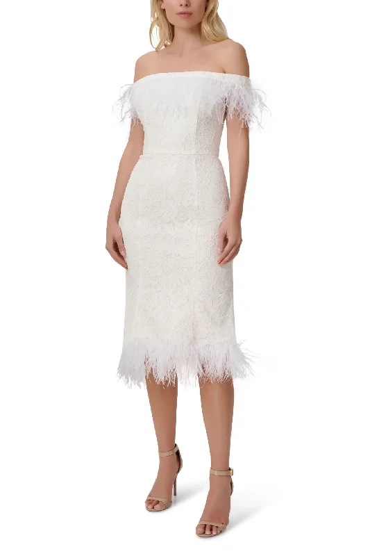 Aidan Mattox Off The Shoulder Short Sleeves Back Zipper Feather Trim On Hem Midi Dress