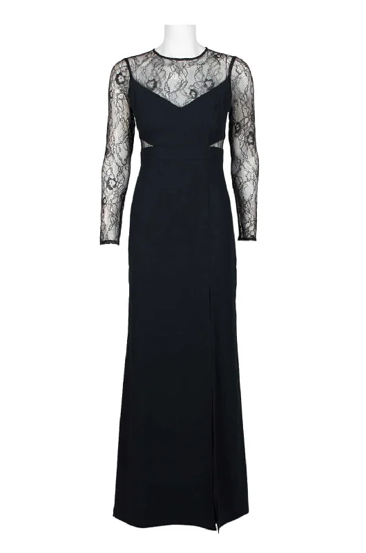 Aidan by Aidan Mattox Crew Neck Illusion Lace Bodice Long Sleeve Zipper Keyhole Back Pleated Crepe Twill Dress