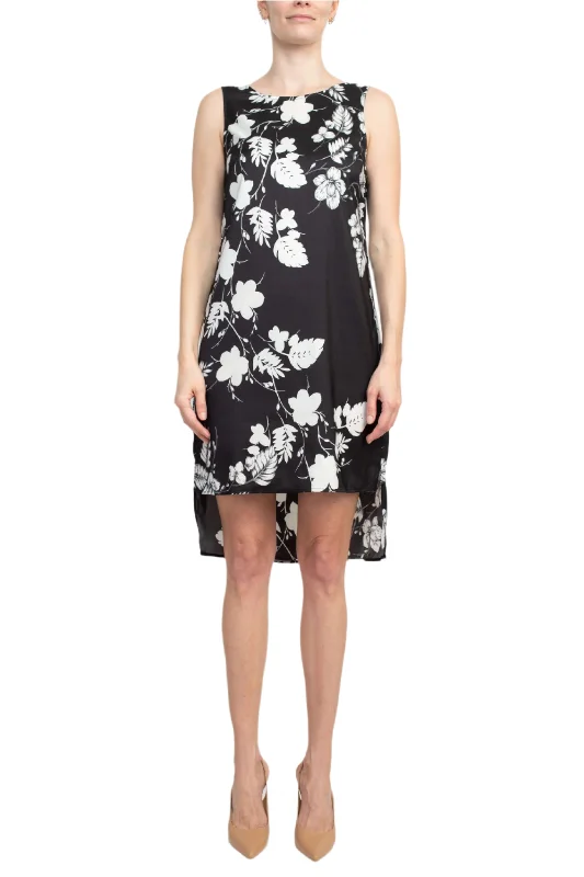 Premise Boat Neck Sleeveless Floral Print High Low Hem Charmeuse Dress