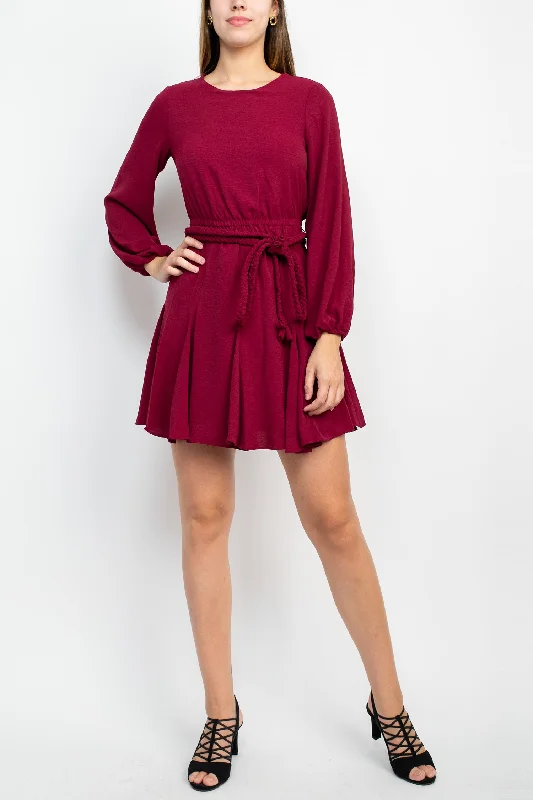 Sage Collective Crew Neck Long Sleeve Tie Waist Godet Hem Keyhole Back Solid Twill Dress