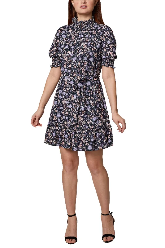 Sage Collective Ruched High Neck Short Sleeve Tie Waist Floral Print Ruched Hem A Line Crepe Dress