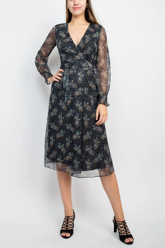 Sage Collective V-Neck Long Sleeve Tie Waist Paisley Print Power Mesh Dress