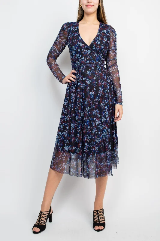 Sage Collective V-Neck Long Sleeve Tie Waist Floral Print Power Mesh Dress