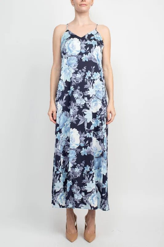 Connected Apparel V-Neck Spaghetti Strap Floral Print Satin Dress with Pockets