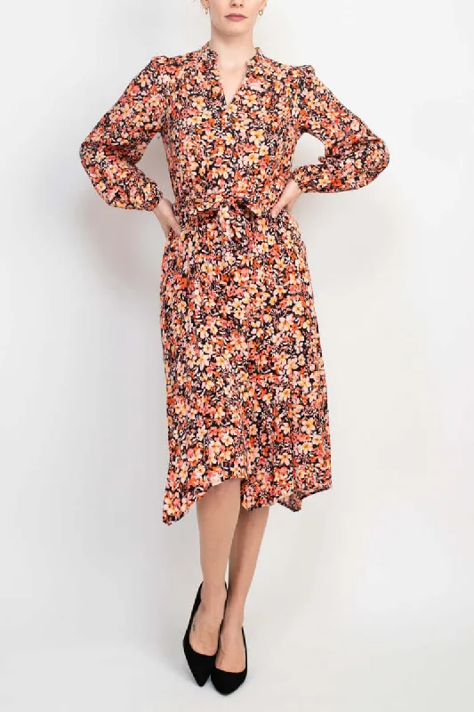 London Times Split Neck Long Sleeve Elastic Cuff’s Tie Waist Ruched Back Floral Print Rayon Dress