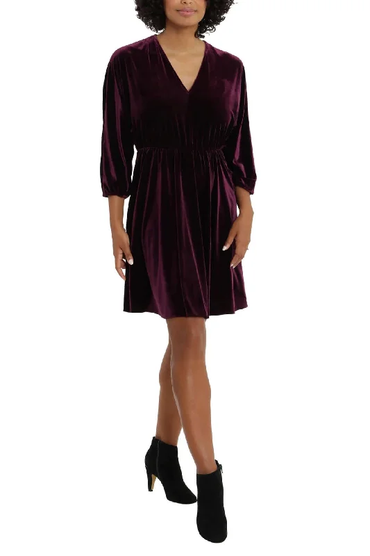 London Times V-Neck Elastic Cuff Long Sleeve Elastic Waist A-Line Velvet Dress