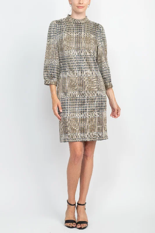 London Times Crew Neck 3/4 Bishop Sleeves Checkered Short Dress