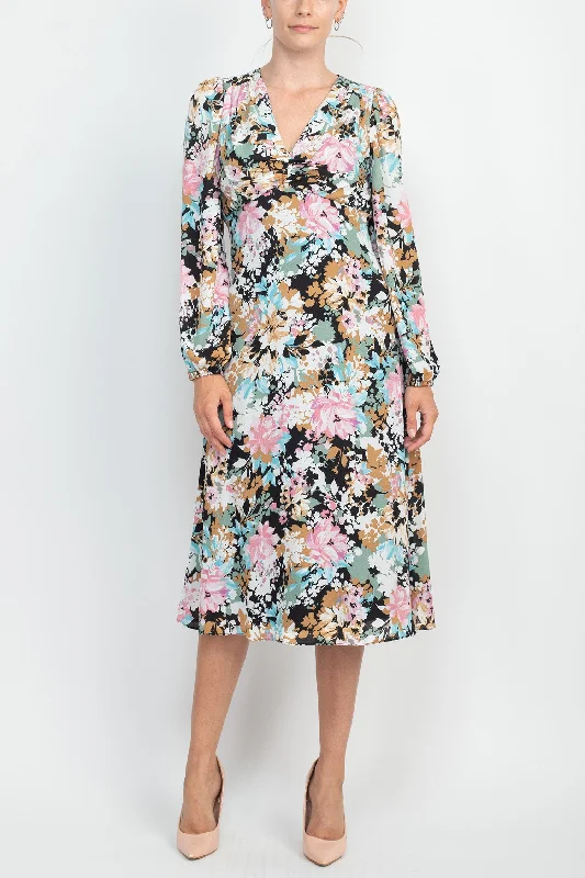 London Times V-Neck Bishop Long Sleeve Floral Print Zipper Back Crepe Dress