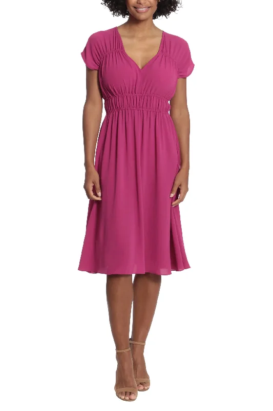 London Times V-Neck Cap Sleeve Ruched Bodice Solid Catalina Crepe Dress