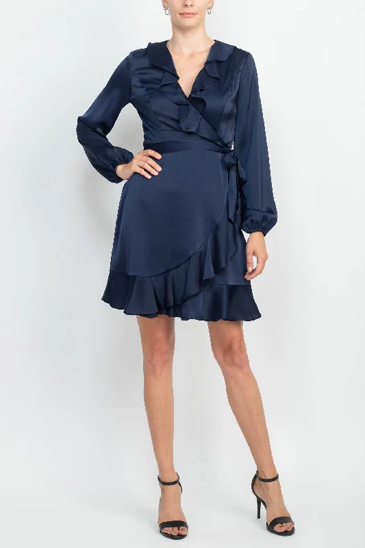 London Times V-Neck Bishop Sleeves Ruffled Warp Zipper Back Solid Charmeuse Dress