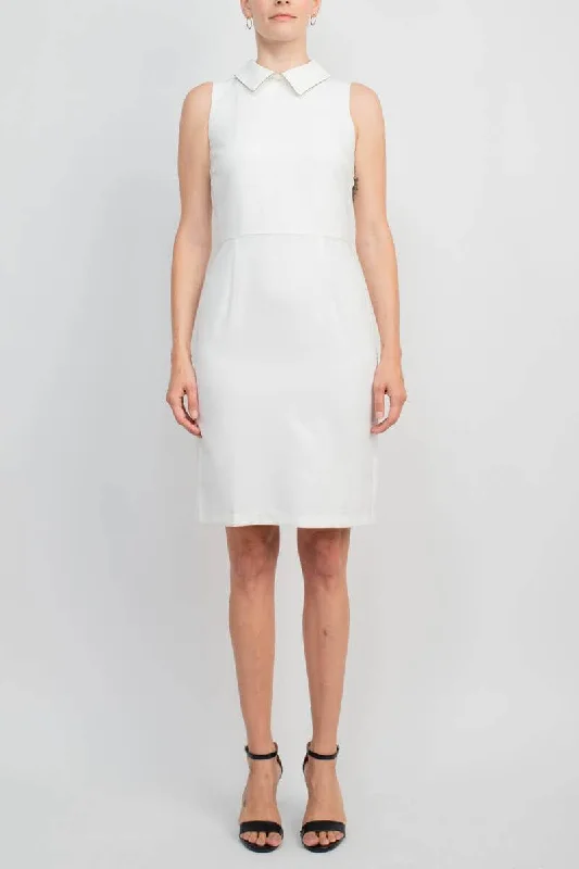 T Tahari Collared Sleeveless Tie Neck Bodycon Zipper Back Solid Crepe Dress